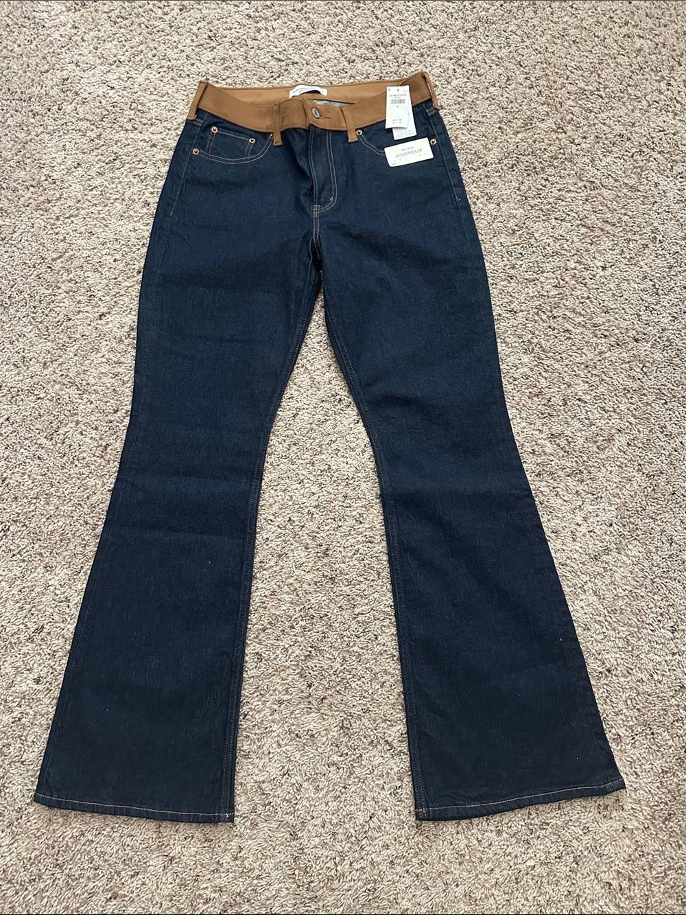 Abercrombie & Fitch Dark Blue Flare Jeans with Brown Waistband Detail